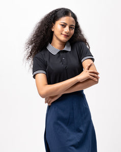 Black Mini Stripes Classique Plain Women's Polo Shirt